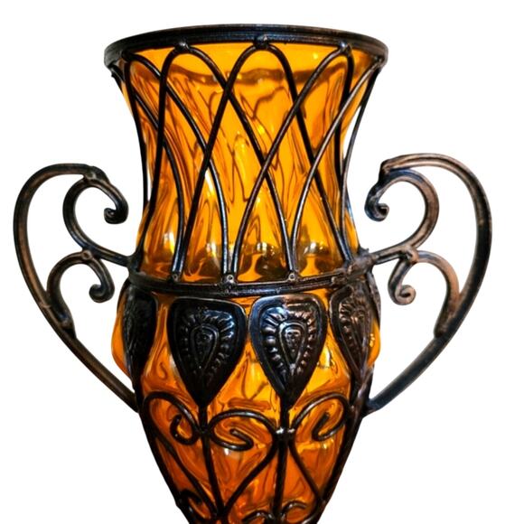 Vintage Handblown Amber Footed Vase Art Glass, Decor Vase Filigree - Picture 3 of 6